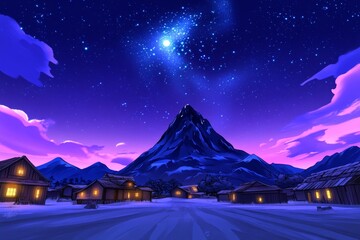 Poster - A peaceful village set in a valley under a floating mountain, with mystical lights glowing in the distance