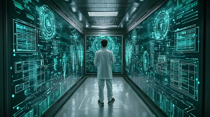 Poster - Scientist reviewing data on holographic screens in futuristic lab.