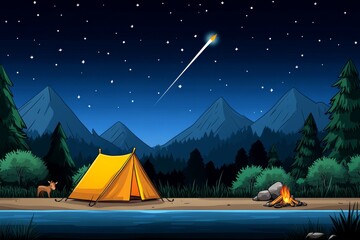Poster - A pixel art adventure scene of a character camping under the stars, with a crackling fire and animated wildlife adding to the nostalgic, retro-game feel