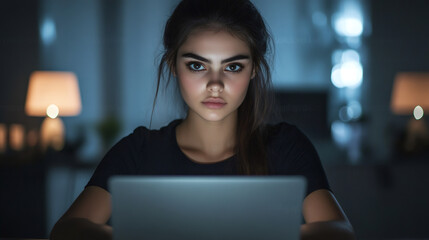 Aufkleber - Dedicated young woman working into the night on her laptop in a cozy home setting with soft lighting in the background