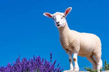 a serene scene with a ewe standing near a patch of blooming lavender under a bright blue sky