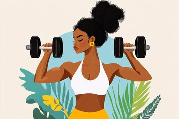 Poster - A simple abstract graphic of a woman lifting dumbbells, using geometric shapes and muted colors