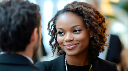 Canvas Print - Businesswoman with curly hair smiling and discussing with a colleague during a business meeting