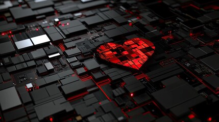 Poster - Red Heart Shape Embedded in Abstract Digital Circuit Background
