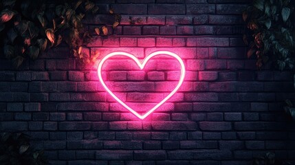 Poster - Neon Pink Heart Against a Dark Brick Wall Surrounded by Greenery