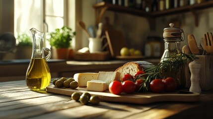 Sticker - Fresh kitchen with olive oil, bread, vegetables, cheese, rustic, cozy, sunlight, kitchen counter, herbs, cutting board