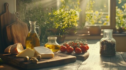 Sticker - Sunlit kitchen scene with fresh ingredients including cheese oil tomatoes bread on wooden table