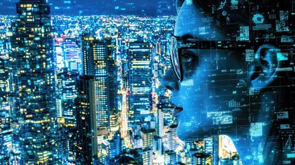 Poster - Futuristic City Skyline with Woman in Glasses and Digital Overlay