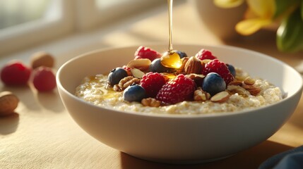 Sticker - Delicious oatmeal breakfast with berries nuts and honey, Sunlit breakfast bowl with oatmeal and fresh fruits