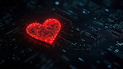Poster - Red Heart Shape on Digital Circuit Background with Light Effect