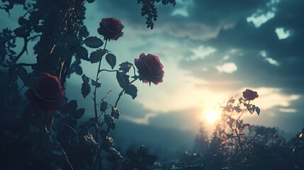 Wall Mural - Romantic Sunset Over a Garden of Red Roses with Cloudy Sky