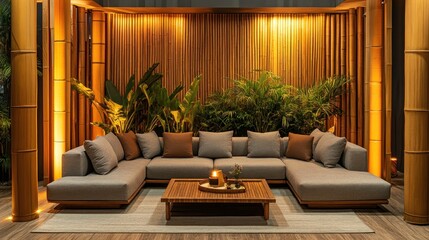 Wall Mural - Modern sectional sofa in a tranquil bamboo room.