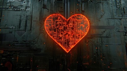 Poster - Abstract Neon Heart Shape with Circuit Patterns on Dark Background