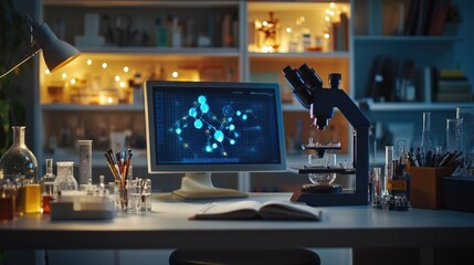 Poster - laboratory workspace with microscope and research on computer screen