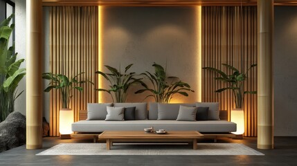 Wall Mural - Modern minimalist living room with bamboo wall, sofa, and plants.