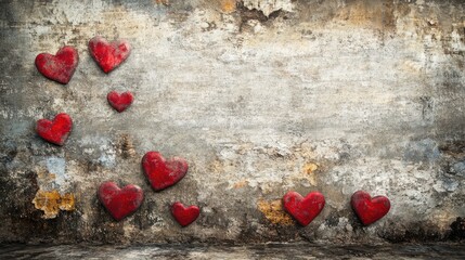 Poster - Textured Wall with Red Hearts on Grungy Background