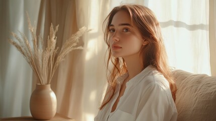 Wall Mural - Young caucasian female sitting by sunlit window in serene room