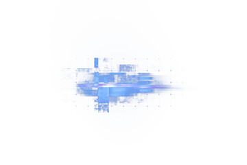 Poster - Abstract blue pixelated shapes with grid and motion effects on white background, clean layout, concept of technology and innovation. 3D Rendering.