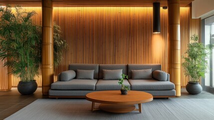 Wall Mural - Modern living room with gray sofa, wooden wall, and potted plants.