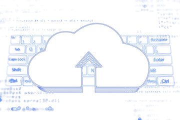 Aufkleber - Cloud symbol with an upload arrow over a keyboard and code text, minimalistic blue outline design on a clean white background, concept of cloud computing. 3D Rendering.