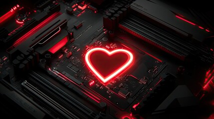 Poster - Heart Symbol in Red Light on Computer Motherboard Circuit Board