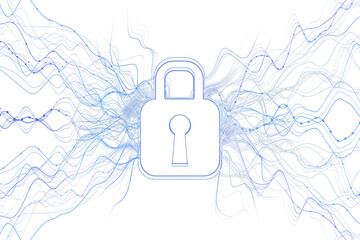Aufkleber - Digital padlock icon surrounded by flowing blue data lines on white background, representing cybersecurity and data protection concept. 3D Rendering.