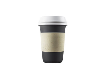 Poster - Black reusable coffee cup with a beige sleeve and white lid, isolated on a clean white background, concept of eco-friendly beverage containers. 3D Rendering.