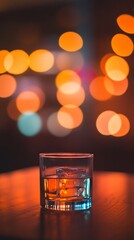 Poster - Glass of whisky with ice cubes on table in bar with bokeh background