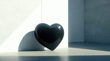 Poster - Black Heart Sculpture in Modern Interior Space with Soft Lighting