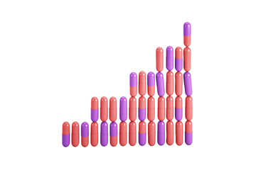 Fototapete - Red and purple capsules stacked in ascending order, forming a bar graph shape on a clean white background. Concept of healthcare trends. 3D Rendering.