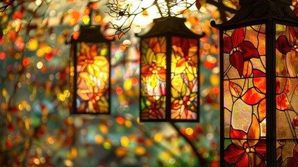 Aufkleber - colorful stained glass window in the lantern with bokeh background