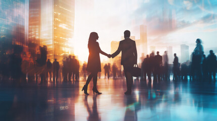 Poster - City center business people shaking hands at sunset with blurred crowd in background