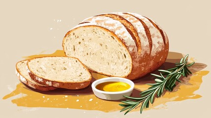 Sticker - Freshly Baked Sourdough Bread with Olive Oil and Rosemary, Rustic Artisan Loaf, Delicious Food Illustration Art