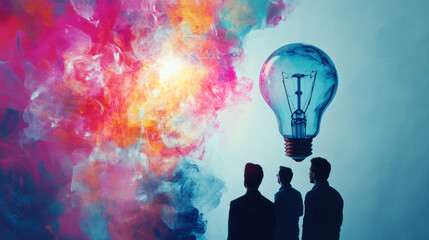 Poster - Business team finding new ideas and inspiration, watching a big light bulb emerging from a colorful smoke cloud