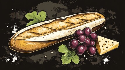 Sticker - Fresh Baguette Grapes and Cheese Illustration, Digital Food Art, Artisan Bakery Print