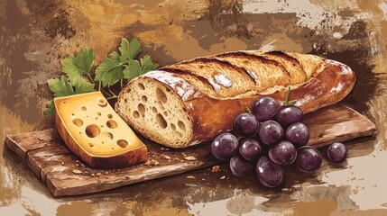 Sticker - Tasty bread with sliced cheese and grapes on rustic wooden cutting board, gourmet food still life, culinary art decor