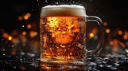 Wall Mural - Frothy beer in a glass mug with bokeh background.