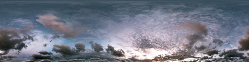 Wall Mural - 360 panorama of glowing sunset sky with bright pink Cumulus clouds. HDR 360 seamless spherical panorama. Full zenith or sky dome sky replacement for aerial drone panoramas. Climate and weather change.