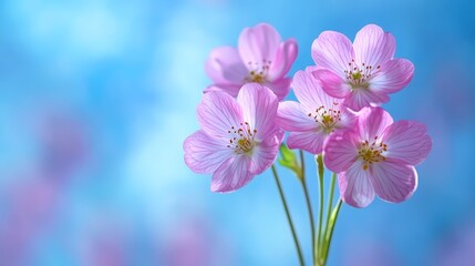 Wall Mural - Pink flowers on a blue background, striking contrast of color and simplicity vivid