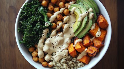 Sticker - Colorful healthy food bowl with roasted chickpeas, kale, avocado, sweet potatoes, quinoa and tahini sauce