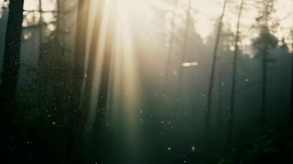 Poster - Sunlight streaming through trees creates enchanting atmosphere in serene forest setting