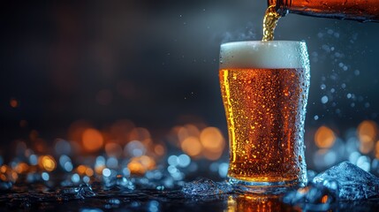 Wall Mural - Golden beer pouring into a glass with condensation, ice, and bokeh background.