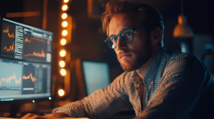 Leinwandbilder - Businessman concentrating on late-night financial analysis in office, making strategic decisions in low-light setting with multiple computer screens