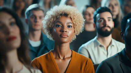 Wall Mural - Attentive young woman listening to a speaker at a business conference, surrounded by a diverse group of professionals