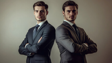 Canvas Print - Two confident businessmen in suits stand back to back, exuding authority with their arms crossed