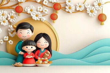 A colorful 3D illustration of an ethnic family enjoying a meal together, with the food and decorations highlighted in intricate detail