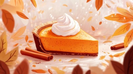 Sticker - Autumn Pie Slice with Whipped Cream, Cinnamon Sticks, and Falling Leaves, Cozy Fall Dessert Illustration, Seasonal Treat Art