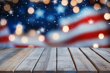 Poster - A wooden table with a blurred American flag background and bokeh lights.