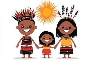 A flat 2D illustration of an ethnic family holding hands and smiling, with cultural symbols in the background