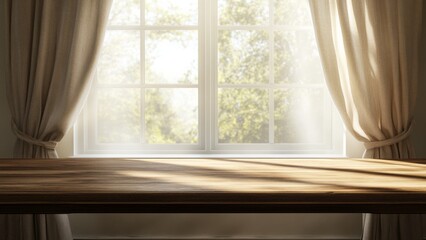 Wall Mural - Bright sunlight streams through flowing curtains in a tranquil room